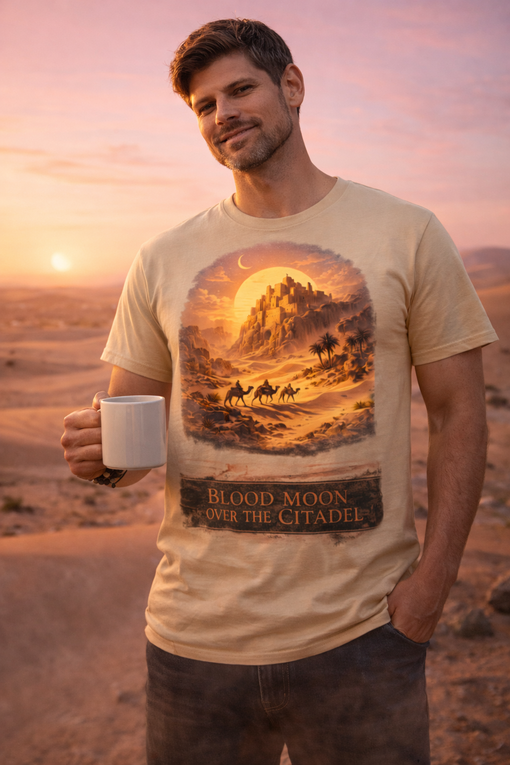A Desert Caravan Walking into the Kasbah — male mockup