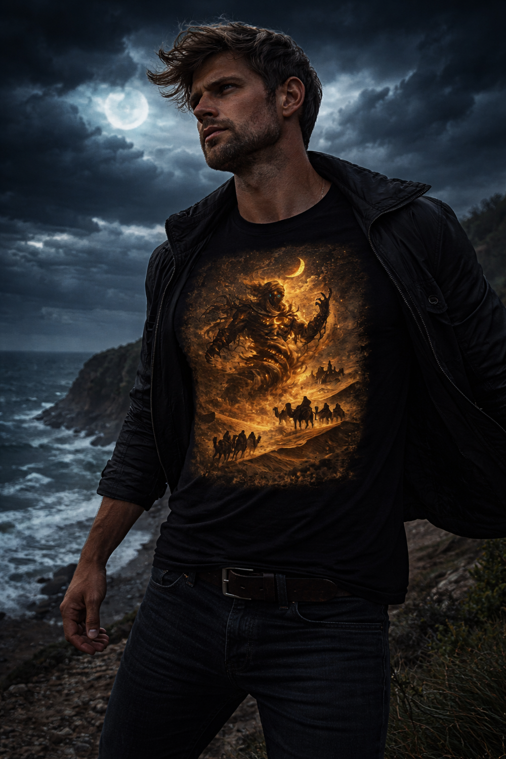 Rising Sandstorm Under a Crescent Moon — male mockup